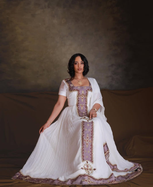 Habesha Kemis - purple & Gold dress with Intricate Detailing