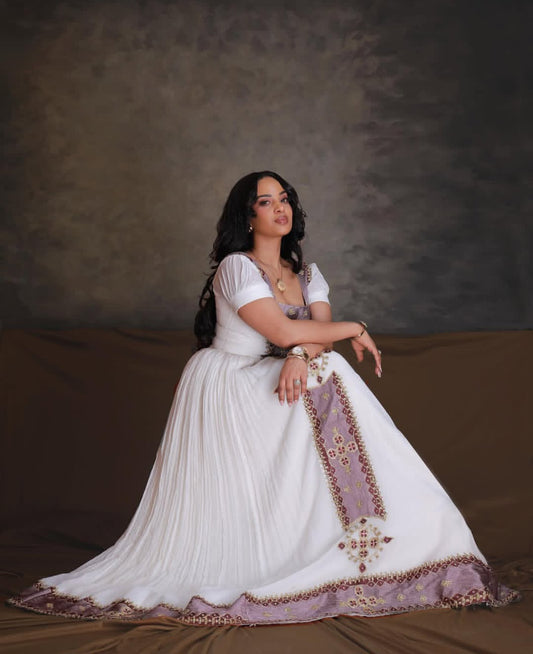 Habesha Kemis - purple & Gold dress with Intricate Detailing