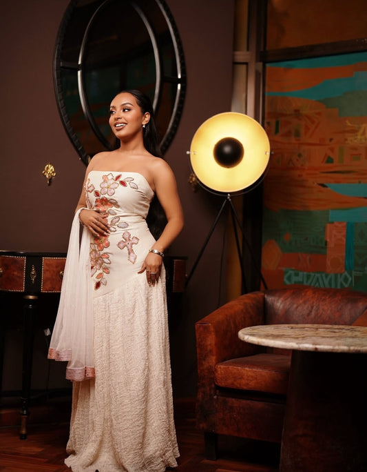 Habesha Dress - White with Subtle Gold Detail for Engagement