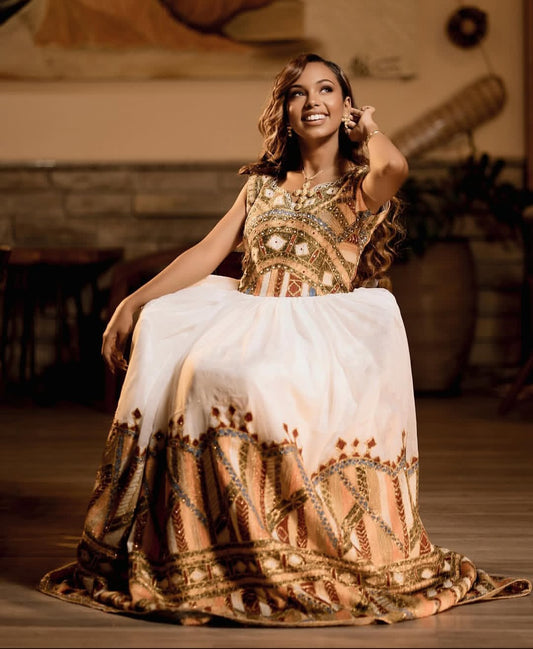 Habesha Dress - Handcrafted Elegant Eritrean Gold & White wedding  Dress