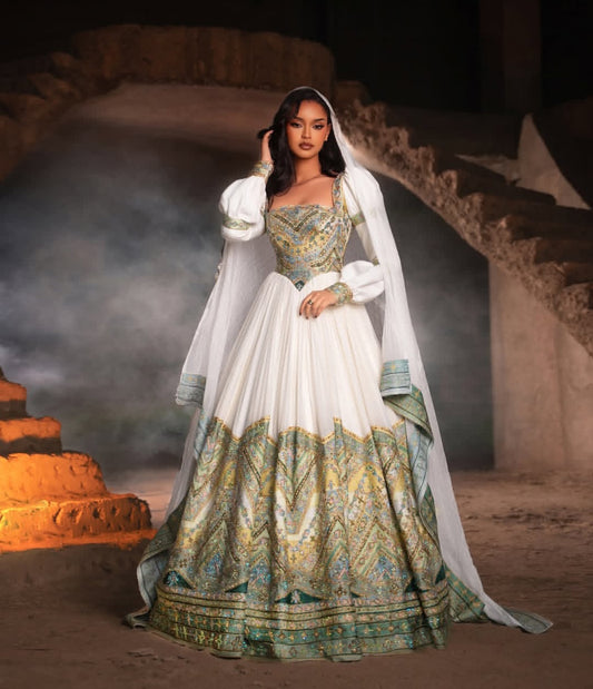 Habesha Dress - luxury Green habesha Wedding Attire with Gold Detailing
