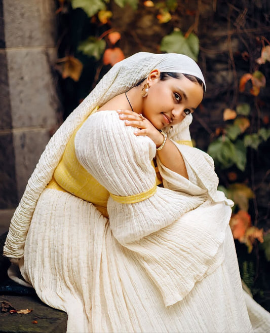 Habesha Dress – White Cotton Kemis with yellow Embroidery for Holiday Gatherings
