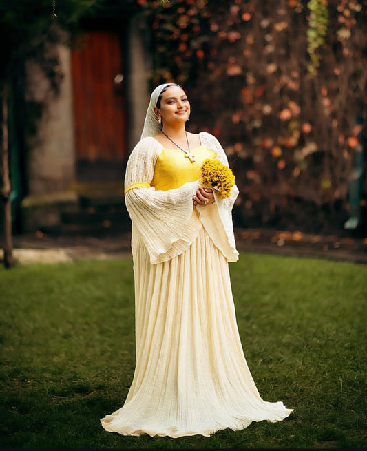 Habesha Dress – White Cotton Kemis with yellow Embroidery for Holiday Gatherings