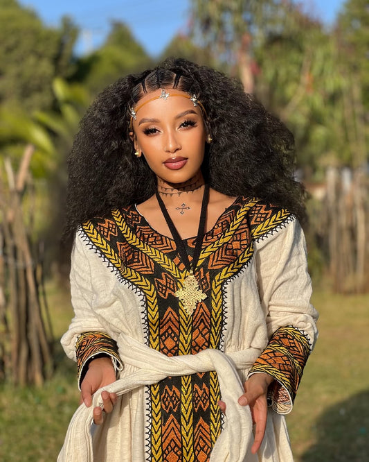 Elegant Ethiopian Dress - Habesha Kemis - Gondar Embroidery