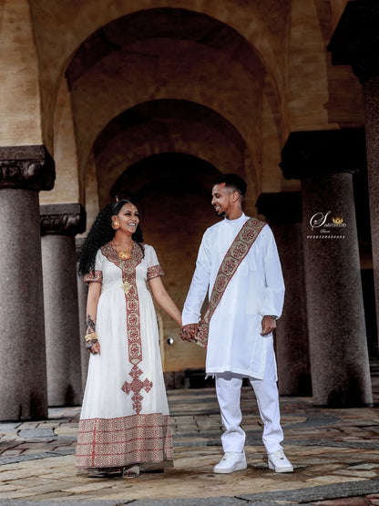 Red Matching Habesha Set – Elegant Ethiopian Couple Outfit for Cultural Celebrations and Special Occasions