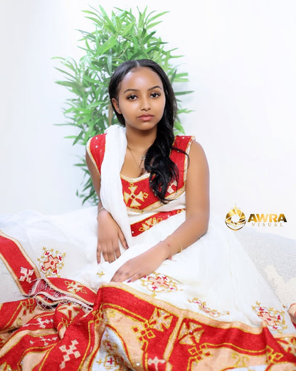 Red Habesha Libs – Classic Ethiopian Traditional Dress with Elegant Tibeb Embroidery for Cultural Celebrations