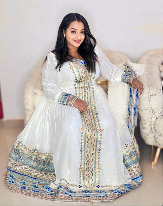 Green Ethiopian Kemis with Tilet Embroidery – Ethiopian Traditional Dress with Netela