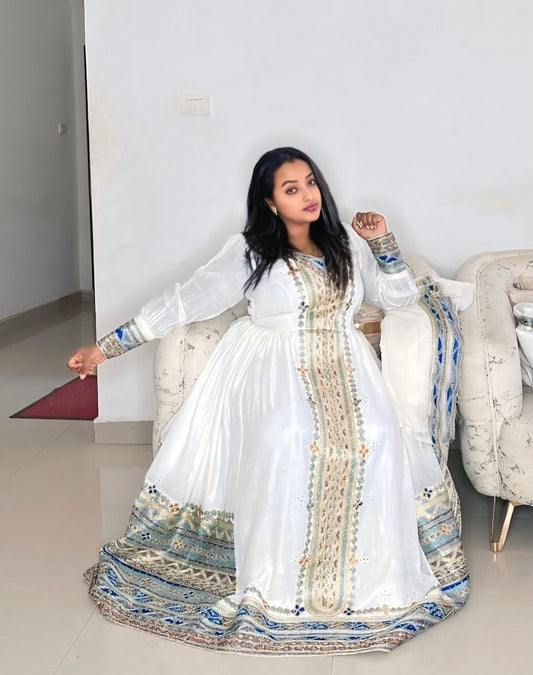 Green Ethiopian Kemis with Tilet Embroidery – Ethiopian Traditional Dress with Netela