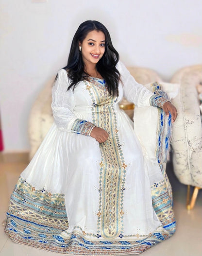 Green Ethiopian Kemis with Tilet Embroidery – Ethiopian Traditional Dress with Netela