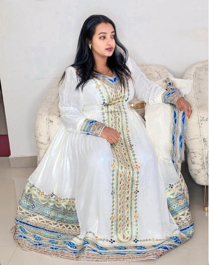 Green Ethiopian Kemis with Tilet Embroidery – Ethiopian Traditional Dress with Netela