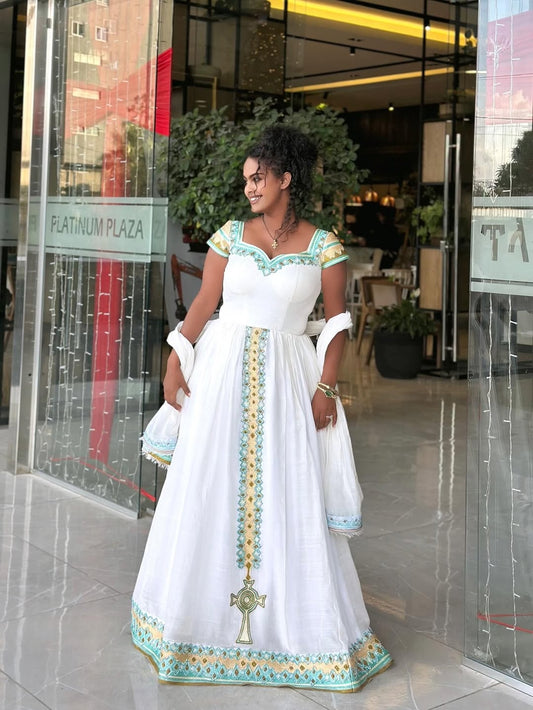 Green Ethiopian Kemis – Handwoven White Habesha Traditional Dress for Cultural Events & Special Occasions
