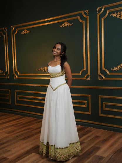 Elegant Strapless Habesha Kemis with Green & Gold Tibeb Embroidery for Weddings and Formal Occasions