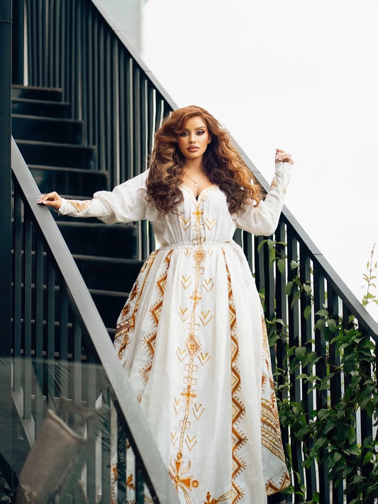 Gold Ethiopian Full Sleeve Dress – Modest Habesha Outfit for Weddings, Cultural Events, and Special Occasions