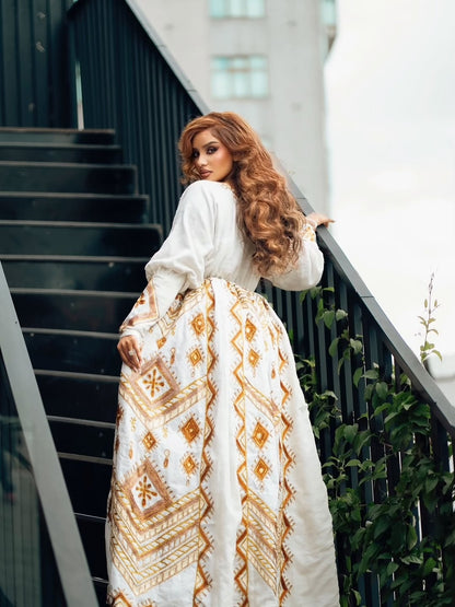 Gold Ethiopian Full Sleeve Dress – Modest Habesha Outfit for Weddings, Cultural Events, and Special Occasions