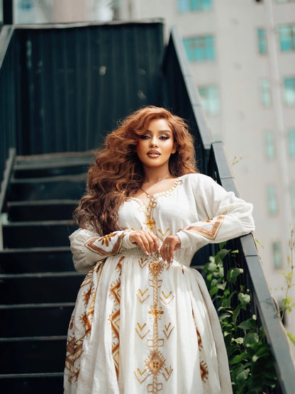 Gold Ethiopian Full Sleeve Dress – Modest Habesha Outfit for Weddings, Cultural Events, and Special Occasions