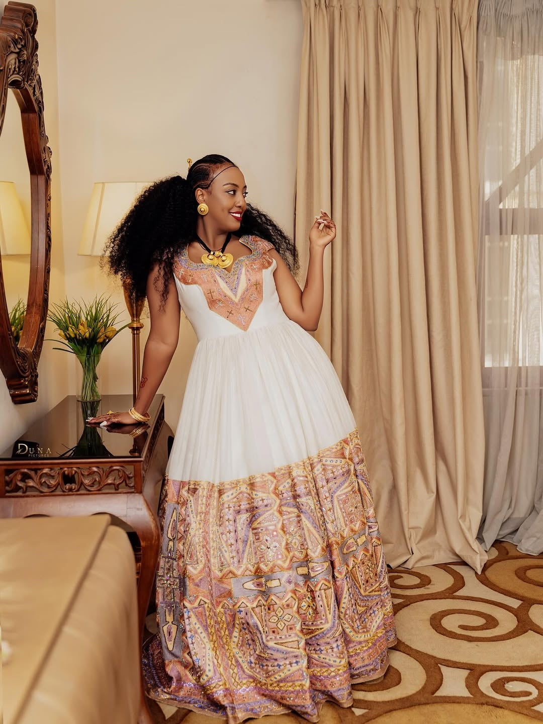 Pink Modern Ethiopian Traditional Dress – Handcrafted Tilf Embroidery, Flowing Menan Cotton Skirt, Elegant Sleeveless Design for Weddings and Formal Cultural Celebrations