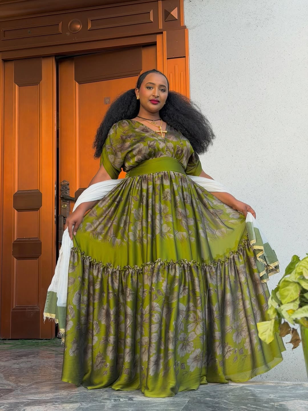 Green Ethiopian Shifion Dress – Graceful Flowing Traditional Outfit for Celebrations and Cultural Gatherings