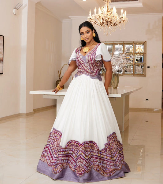ENKU Design Purple Ethiopian Dress in Cotton – Designer Bridal Celebration Dress