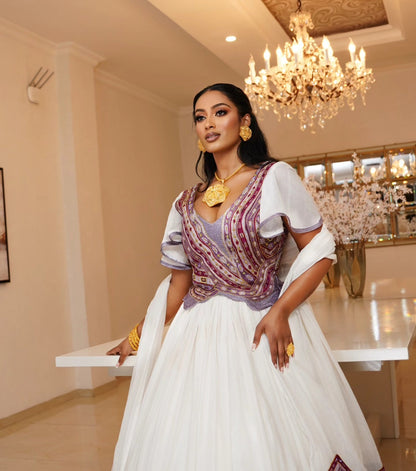 ENKU Design Purple Ethiopian Dress in Cotton – Designer Bridal Celebration Dress