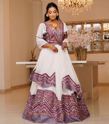 ENKU Design Purple Ethiopian Dress in Cotton – Designer Bridal Celebration Dress