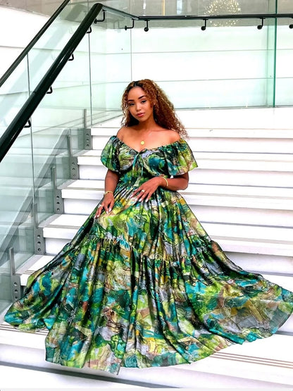 Green Habesha Shiffon – Lightweight Ethiopian Dress with Soft Movement for Modern Celebrations