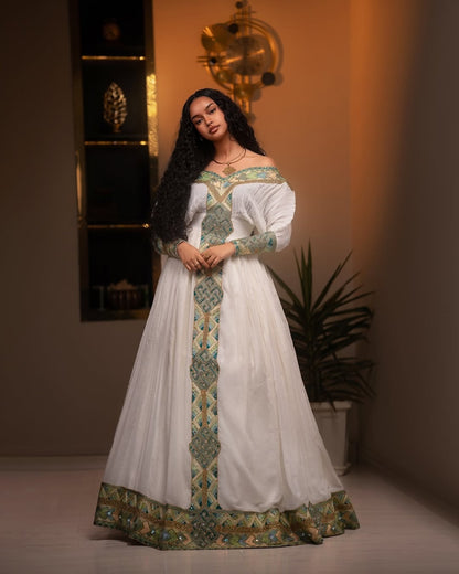 Green Ethiopian Dress – Elegant Traditional Habesha Outfit for Weddings & Celebrations