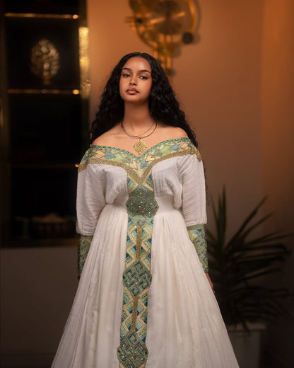 Green Ethiopian Dress – Elegant Traditional Habesha Outfit for Weddings & Celebrations