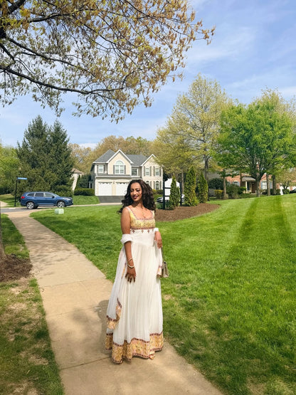 White Habesha Dress with Gold & Corset Bodice – Tilf Ethiopian Traditional Dress with netela for Weddings