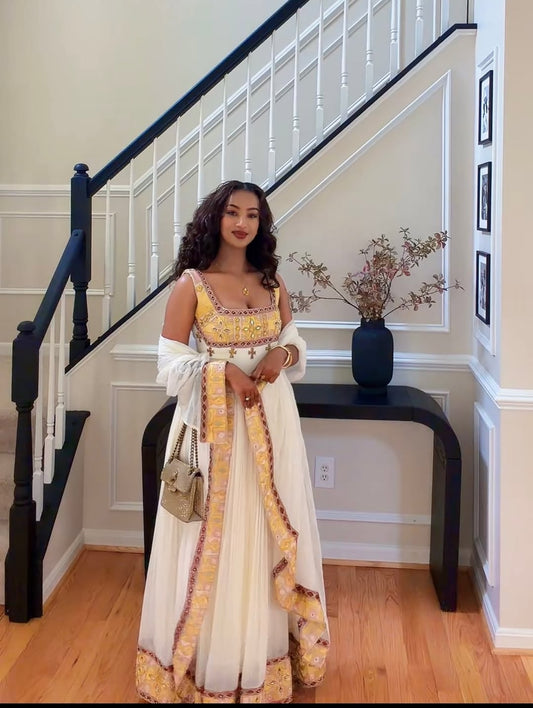 White Habesha Dress with Gold & Corset Bodice – Tilf Ethiopian Traditional Dress with netela for Weddings