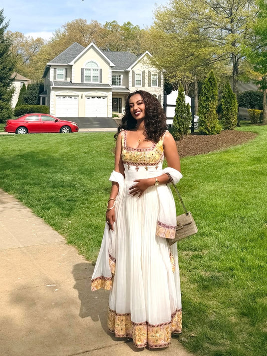 White Habesha Dress with Gold & Corset Bodice – Tilf Ethiopian Traditional Dress with netela for Weddings