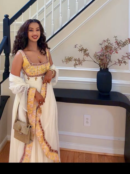 White Habesha Dress with Gold & Corset Bodice – Tilf Ethiopian Traditional Dress with netela for Weddings
