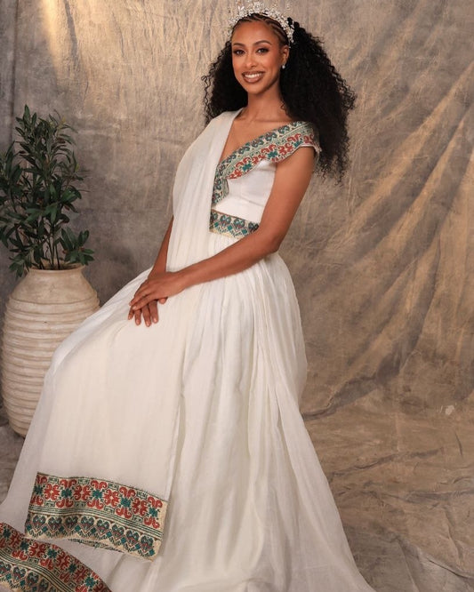 Green Habesha Libs – Half Shoulder Ethiopian Traditional Dress for Cultural Celebrations & Gala Events
