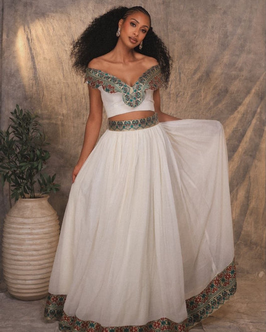 Green Habesha Libs – Half Shoulder Ethiopian Traditional Dress for Cultural Celebrations & Gala Events
