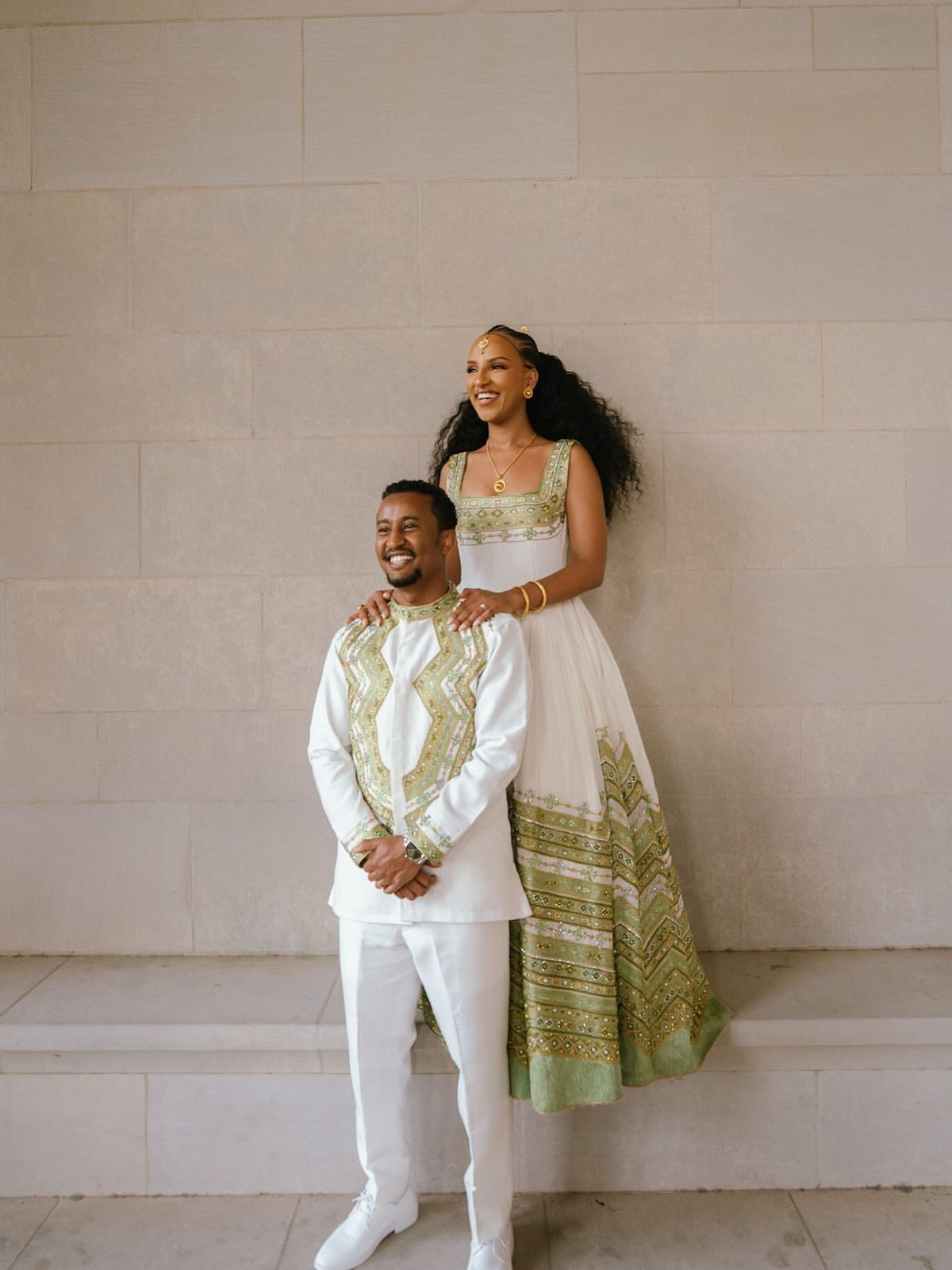 green couple dress for wedding Habesha matching set | Premium Bridal Kemis NA-05.31.24AM