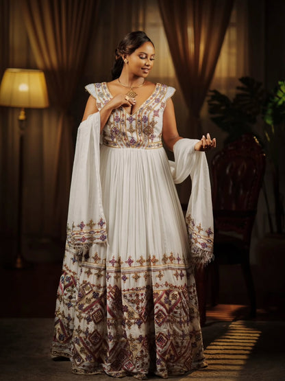 Red Ethiopian national dresses for Meskel festivities with a bold color and flowing traditional silhouette
