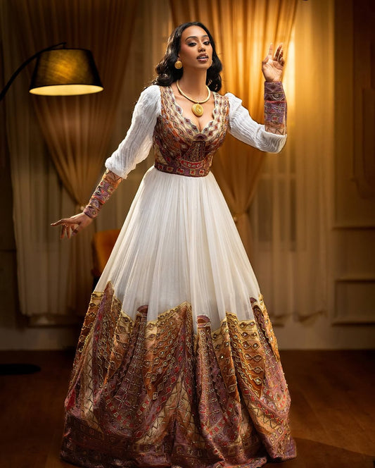 Habesha Dress – White Traditional Kemis with Brown Embroidery for Weddings