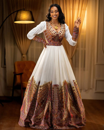 Habesha Dress – White Traditional Kemis with Brown Embroidery for Weddings