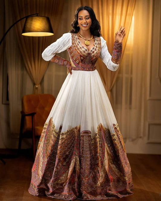 Habesha Dress – White Traditional Kemis with Brown Embroidery for Weddings