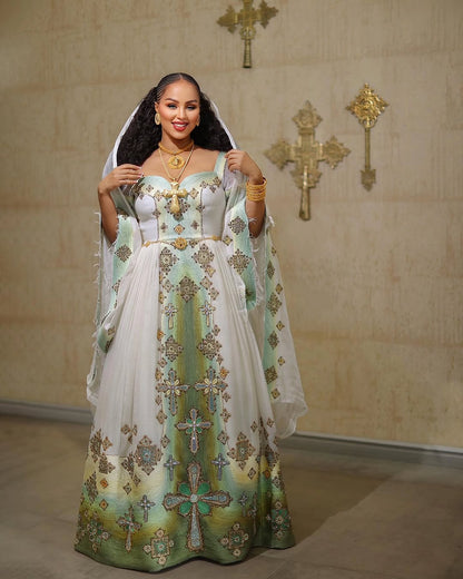 Ethiopian Dress – Authentic White Cotton Kemis with Gold Borders for Weddings