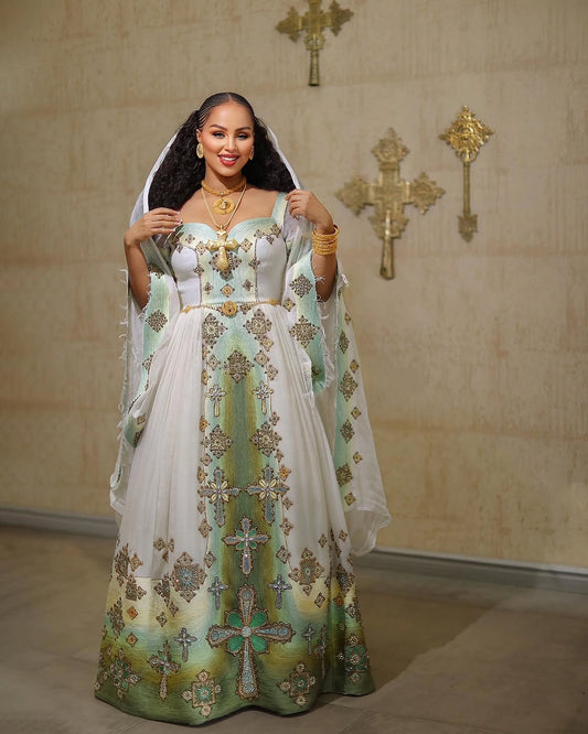 Ethiopian Dress – Authentic White Cotton Kemis with Gold Borders for Weddings