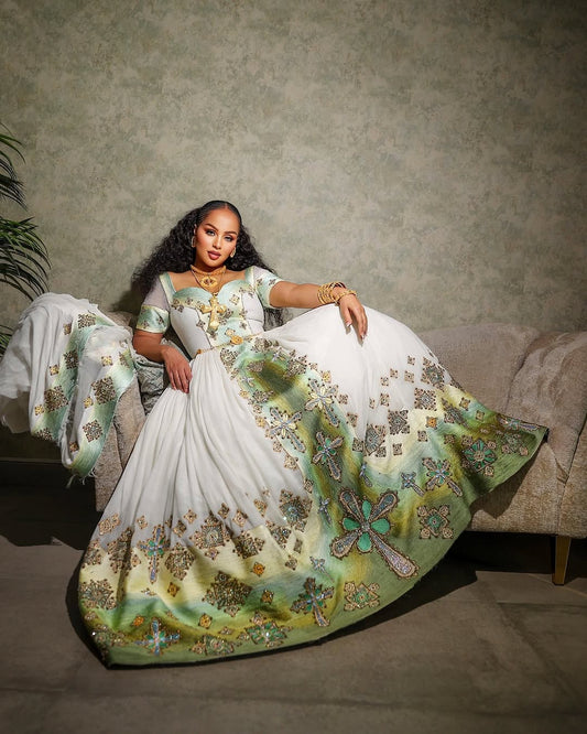 Ethiopian Dress – Authentic White Cotton Kemis with Gold Borders for Weddings