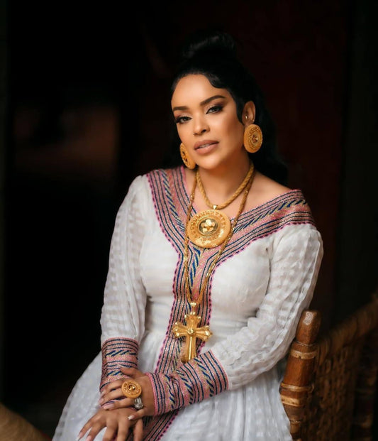 Habesha Dress – Modern V-Neck White Cotton with pink Embroidery for special Nights