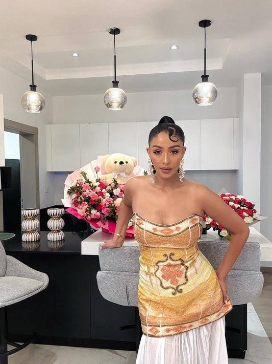 Ethiopian Dress – Modern with gold Handwoven Borders for Diaspora Events