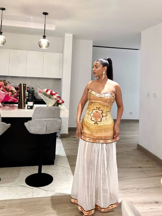Ethiopian Dress – Modern with gold Handwoven Borders for Diaspora Events