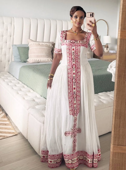 Ethiopian Dress – White Cotton with Soft Pink Borders for Bridal Showers