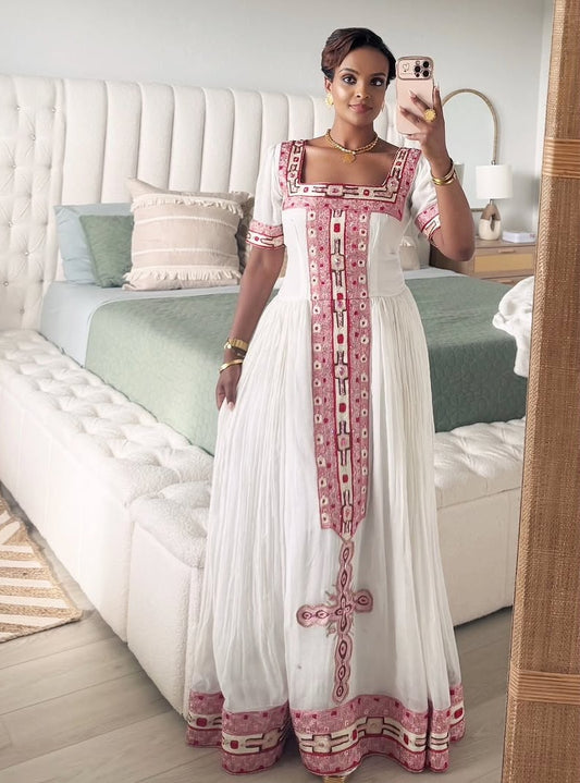 Ethiopian Dress – White Cotton with Soft Pink Borders for Bridal Showers