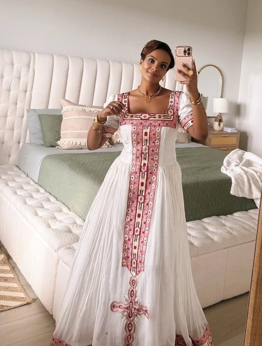 Ethiopian Dress – White Cotton with Soft Pink Borders for Bridal Showers