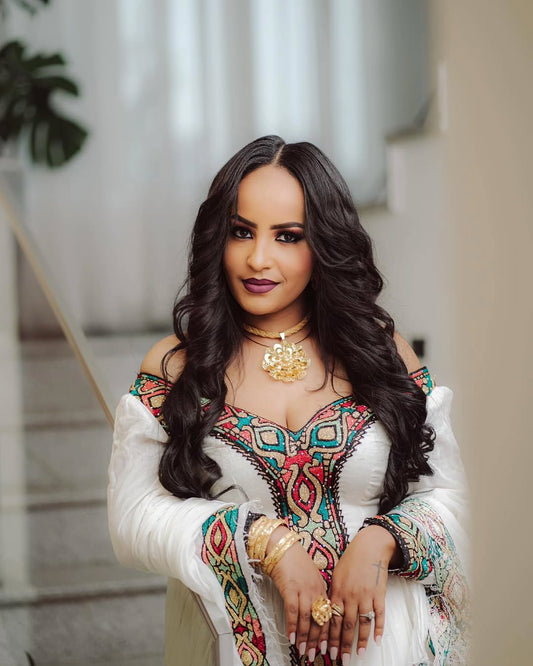 Habesha Kemis – multi color Embroidered Ethiopian Cultural Dress