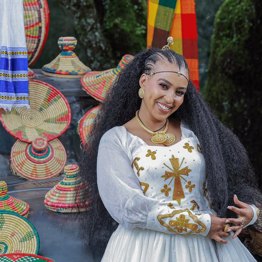 Timeless Eritrean Dress: Handwoven Cotton Elegance with Golden borders
