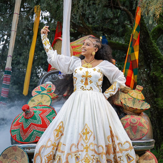 Timeless Eritrean Dress: Handwoven Cotton Elegance with Golden borders